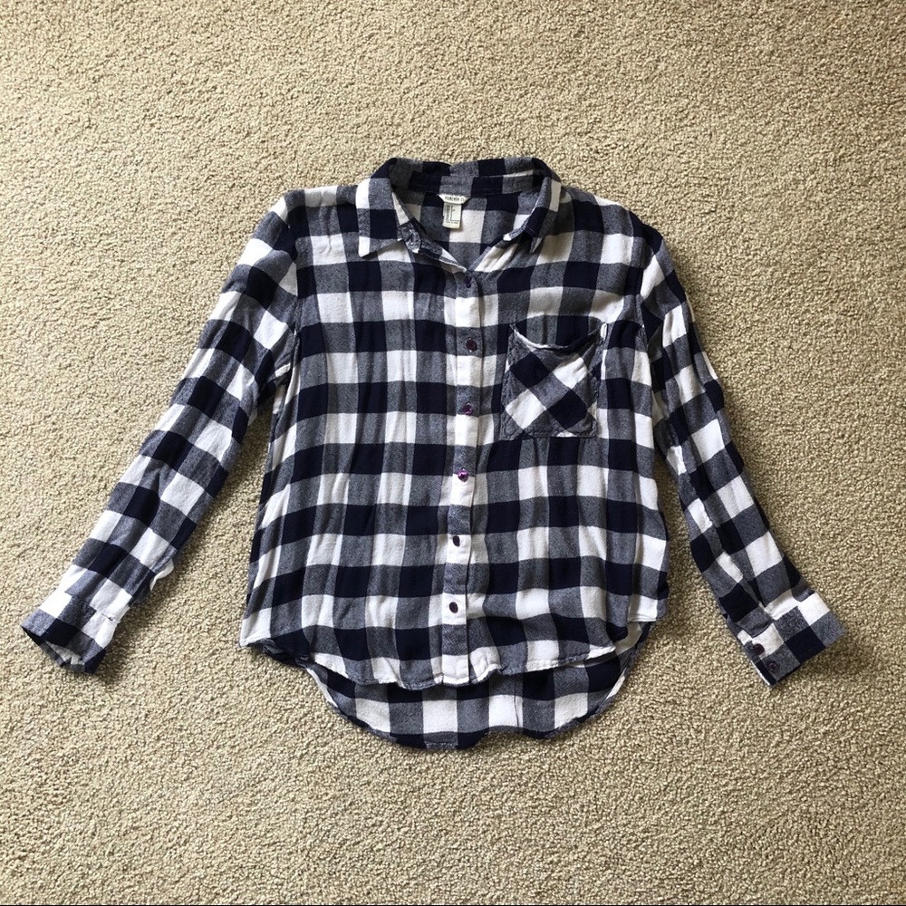 Forever 21 Blue White Buffalo Plaid Flannel Shirt S Button Down Grunge Cotton